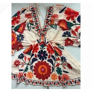Floral Boho Festival Mini Dress Blouse V-Neck Kimono Sleeve Cream Red Orange